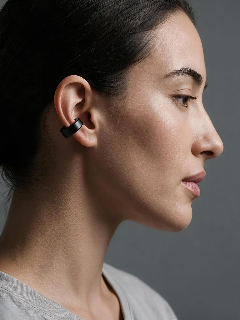 Black ear cuff on a woman in profile.