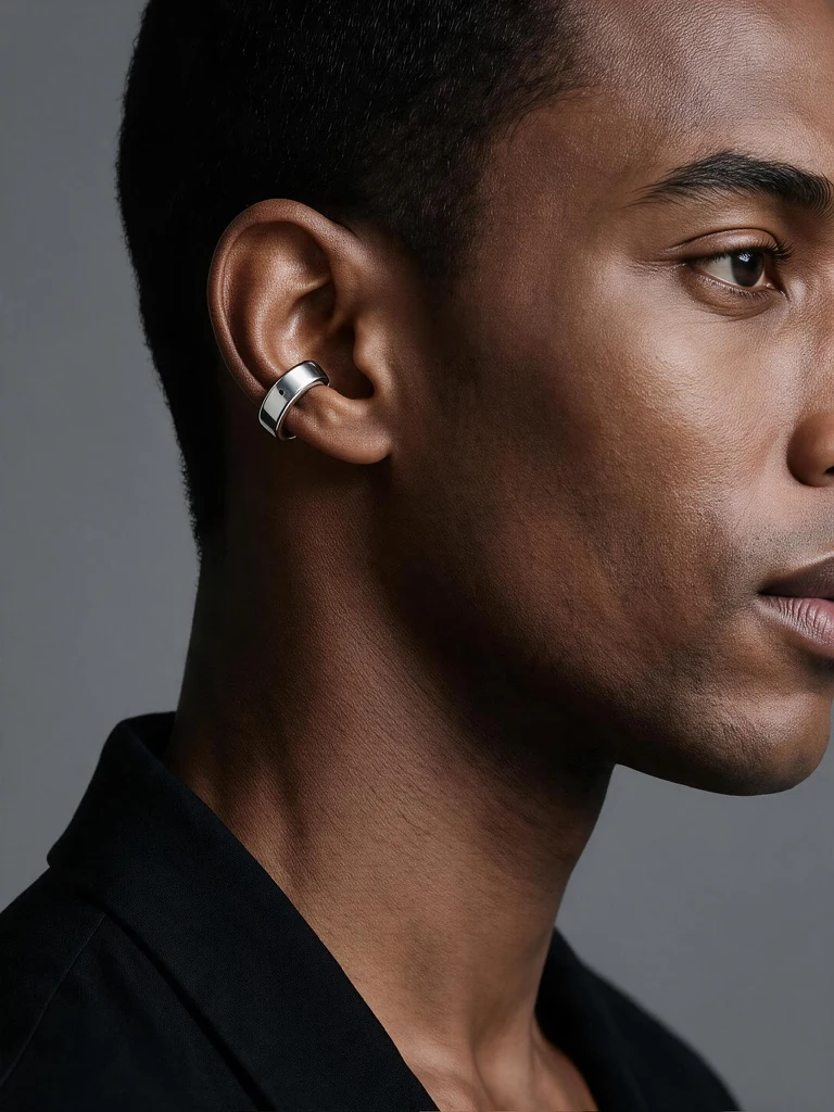 Silver ear cuff on a man wearing black.